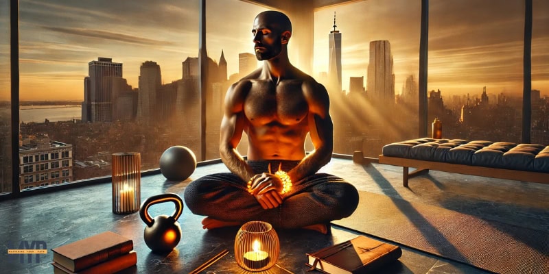 Serene morning scene featuring a fit  man with a sitting peacefully in a modern apartment with large windows showcasing the NYC skyline at sunrise. Warm golden-orange light streams through the windows, illuminating minimalist elements like a book, a leather-bound journal, incense, a yoga mat, and a kettlebell, all placed on a dark gray-blue marble-tiled surface. The man wears only pants and a glowing beaded bracelet, exuding calmness and reflection.