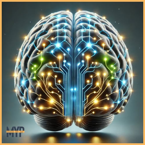 A detailed, futuristic brain scan with glowing neural pathways, featuring blue, green, and yellow highlights representing analytical, emotional, and integration centers.