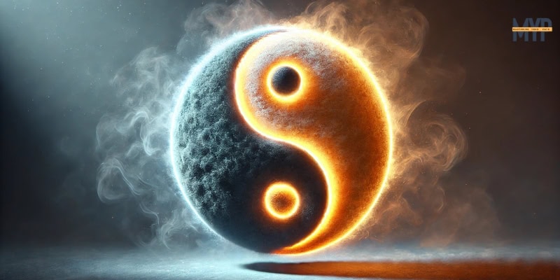 Hyper-realistic yin-yang symbol, representing masculine and feminine energies with a golden orange and deep gray/blue halves glowing softly, surrounded by ethereal mist.