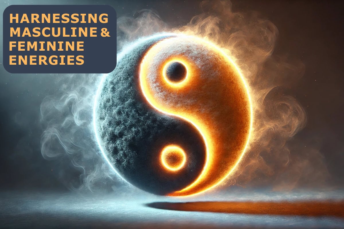 Hyper-realistic yin-yang symbol, golden orange and deep gray/blue halves glowing softly, surrounded by ethereal mist, studio lighting with bold shadows.