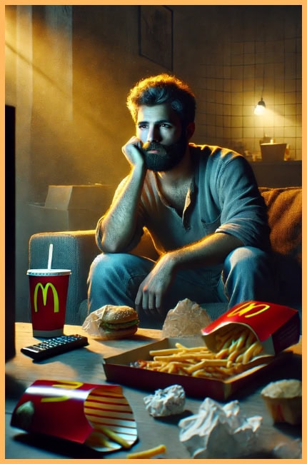 man in his 30s, weathered face and a unkept beard, sitting alone in a dimly lit living room. He’s slouched in front of a glowing TV, surrounded by fast-food wrappers and his phone buzzing on the coffee table. The cold, dark tones of the room contrast sharply with a small beam of golden light coming through a nearby window, hinting at the potential for change
