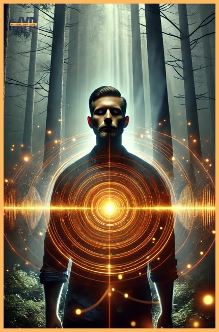 mystical and introspective the man standing in a dark forest, surrounded by glowing intuitive vibrations