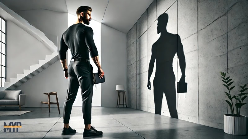 A fit man stands with confidence and focus, symbolizing growth and introspection in a sleek, minimalist setting. He wears a well-fitted, dark, casual outfit—perhaps a black or charcoal shirt and fitted pants. A beam of light from a nearby window illuminates his back, casting a large, exaggerated shadow on the minimalist white wall in front of him. The shadow looms larger than life, symbolizing his inner struggles and growth.
