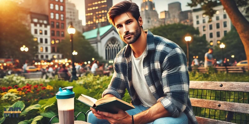 Urban park scene, featuring a man in his 30s–40s with a light tan complexion and a beard. He is sitting on a park bench, wearing a flannel shirt, a white T-shirt, and blue jeans. The man holds an open book in one hand, symbolizing intellectual curiosity, while a protein shaker bottle rests on the bench beside him, representing physical vitality. The setting is a vibrant cityscape with blurred urban elements and surrounding greenery, blending tranquility with activity.