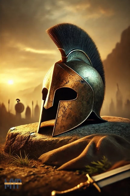 cinematic and heroic image of the battle-worn Spartan helmet on a rugged stone in a misty battlefield at sunrise. The helmet has scratches and dents, symbolizing resilience and fearless action.