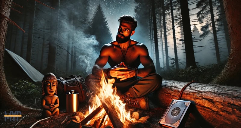 a fit, bearded man in his 30s sitting cross-legged by a crackling bonfire at night in a dense, misty forest. Around him, the forest is alive—subtle movements in the trees, faint mist swirling in the air, and the distant hum of nature. Scattered nearby are objects hinting at his journey: a worn leather journal. Above, the night sky is vast, stars barely visible through the tree canopy, reinforcing the feeling of isolation, reflection, and spiritual power.