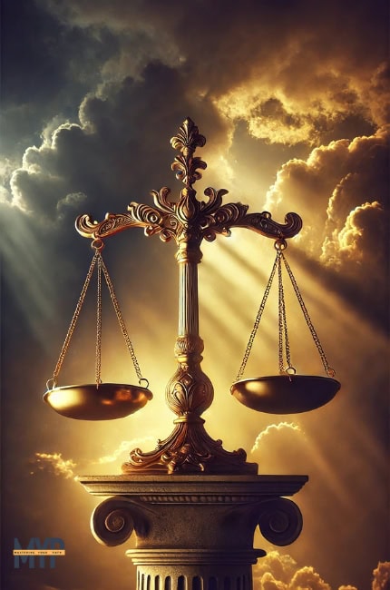 majestic golden scale, perfectly balanced on an ancient stone pedestal, with a dramatic sky symbolizing justice and ethical wisdom