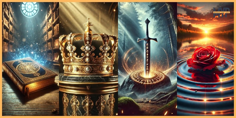 A visually striking 4-panel composition representing the archetypes King, Warrior, Magician, and Lover. The first panel depicts a glowing ancient book in a grand, sunlit library, symbolizing wisdom and the Magician archetype. The second panel features a majestic golden crown on a black marble pedestal, illuminated by soft golden light, symbolizing authority and the King archetype. The third panel shows a shining sword embedded in a stone in a mystical forest, surrounded by fiery light, symbolizing strength and the Warrior archetype. The fourth panel portrays a vibrant red rose floating on calm water under a glowing sunset, symbolizing passion and the Lover archetype.
