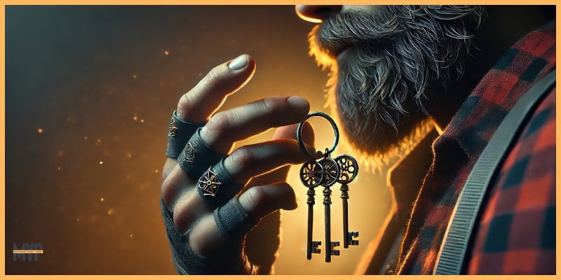 A close-up of a rugged hand like a lumberjack holding a keyring with five intricately designed keys, each faintly glowing with unique patterns. The atmosphere is mysterious yet inviting, symbolizing the process of unlocking deeper layers of self-awareness