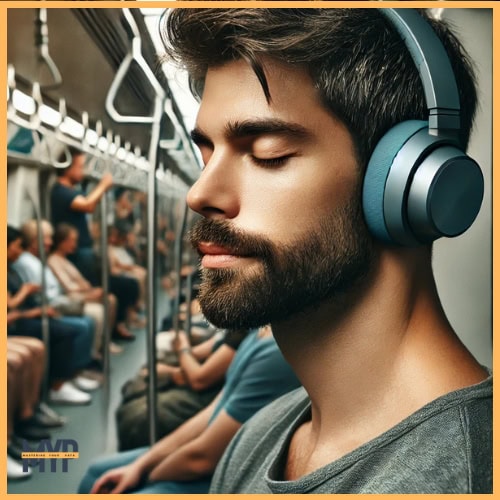 serene subway scene featuring the calm and focused man amidst the chaos.