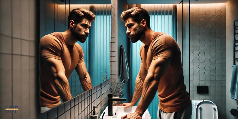  A fit man in his 30s–40s with a beard, light tan skin, wearing casual yet stylish athletic wear, stands facing a bathroom mirror in a sleek, minimalist apartment. The man’s expression is serious and introspective as he places both hands on the sink, leaning slightly forward, with his reflection captured in the mirror.