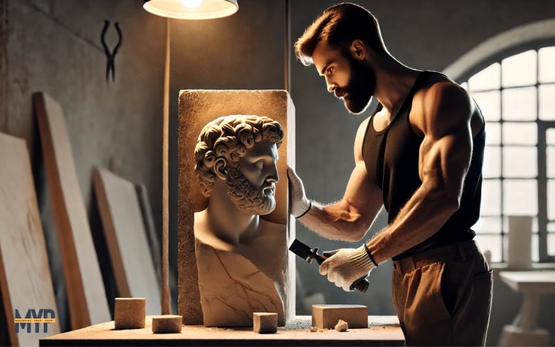 fit man in his 30s–40s with a beard and light tan skin, standing in a workshop. He is chiseling a large block of marble and wearing gloves, which are partially shaped into a statue