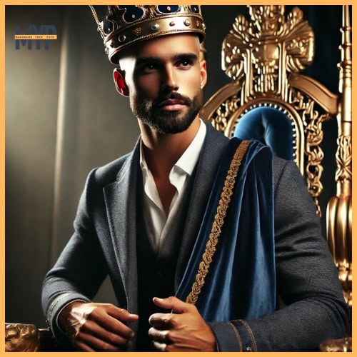 a fit, latin, bald man in his 30s–40s with a beard and light tan skin, representing the King archetype. He wears a modern crown and regal attire, such as a tailored navy-blue coat with golden accents, standing in front of a grand, subtly illuminated throne.