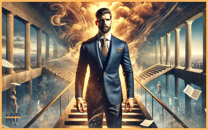 a fit man in his 30s–40s with a beard and light tan skin, dressed in a navy-blue tailored suit with golden accents, standing confidently at the top of a grand staircase. Below him, the lower part of the scene depicts a chaotic environment with swirling smoke, scattered papers, and faint outlines of distressed figures, symbolizing disorder. Above him, the upper part of the scene reveals a glowing, harmonious sky with soft golden light and faint clouds, representing order and balance.
