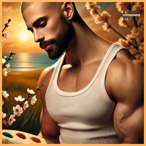 a fit, latin, bald man in his 30s–40s with a beard and light tan skin, portraying the Lover archetype. He wears a fitted tank top and is surrounded by a golden sunset, gently holding a blooming flower or a painter’s canvas.