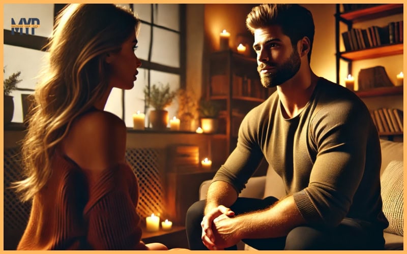 a fit man in his 30s–40s with a beard and light tan skin, sitting on a cozy sofa in a warmly lit room, illuminated by the soft glow of candlelight. He leans slightly forward, speaking to a beautiful woman sitting across from him, her expression engaged and warm. Their body language reflects openness and genuine connection, with subtle smiles and relaxed postures.
