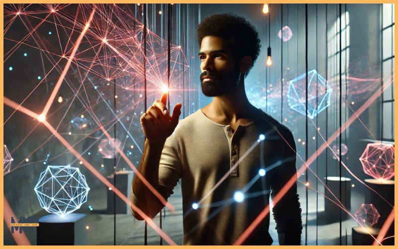 a fit afro latino man in his 30s–40s with a beard and light tan skin, standing in a dimly lit room filled with glowing threads and intricate geometric patterns floating in the air. The man is reaching out with one hand, gently touching a single glowing thread, which lights up and sends vibrant energy across the interconnected web of threads, illuminating the space with dynamic colors.