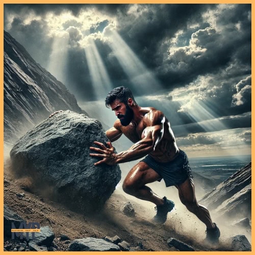 man with a beard, straining as he pushes a massive boulder up a steep, rocky hill. The scene is set under a stormy gray sky, with dark clouds swirling and faint rays of light breaking through, casting dramatic highlights on the man and the terrain. His muscles are visibly tense, veins bulging with effort, as dirt and rocks scatter beneath his feet.