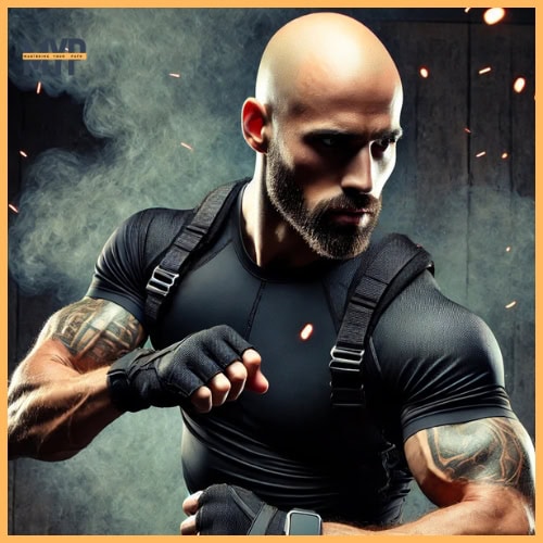 a man embodying the Warrior archetype, showcasing strength and determination in a dramatic, action-packed setting.