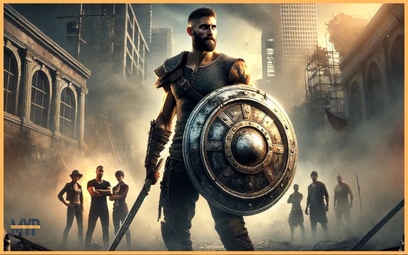 a fit man in his 30s–40s with a beard and light tan skin, standing protectively in front of a small group of people in a chaotic urban environment. He holds a large, intricately designed shield in one hand, with scratches and marks symbolizing past battles. The background depicts a city in disarray—crumbling buildings, smoke, and scattered debris—while soft light highlights the man and the group he’s defending, creating a strong contrast between chaos and his calm, commanding presence.