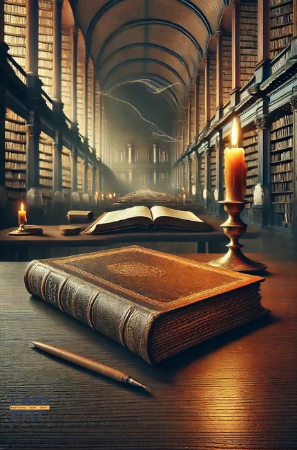 An ancient, worn-out book lying open on a modernized version with a sleek wooden table and a grand library in the background.