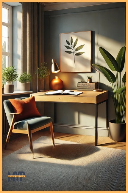 A cozy, minimalist reflection space in a stylish apartment corner. The setup features a sleek wooden desk with a shadow work journal and pen resting on it.