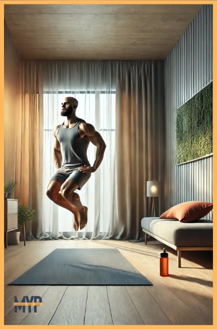 fit man i with a beard and light tan skin bald head, performing jumping jacks on a yoga mat in a modern minimalist room.  The decor includes subtle greenery and clean lines. small gym towel and a water bottle,