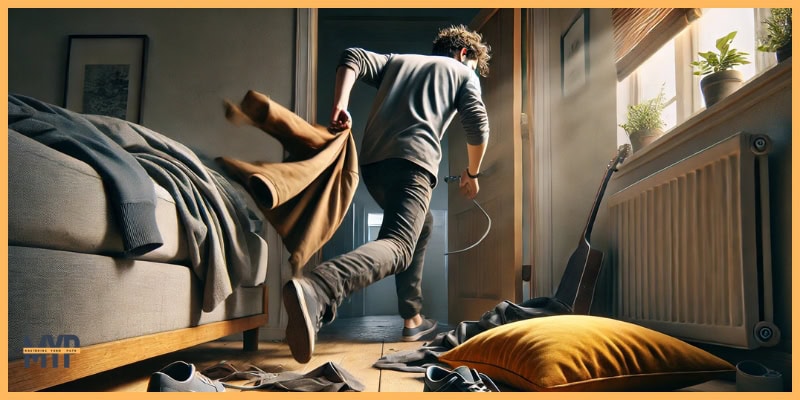 From the perspective of looking at the man from behind as he rushes out the front door of his chaotic apartment. He’s mid-stride, slipping on a jacket, His hair is unkempt, and his shoelaces are untied, emphasizing the rush.