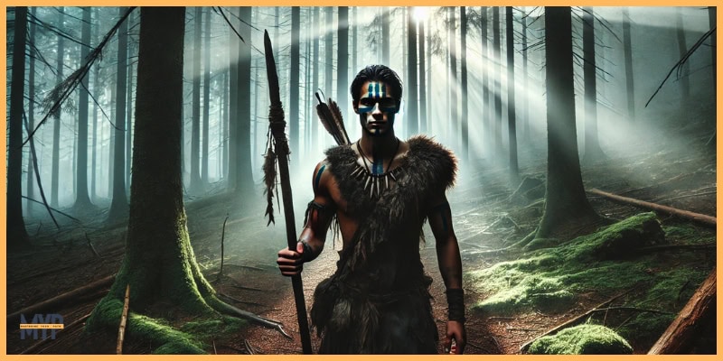  young man walking through a misty forest, adorned with tribal markings and carrying a wooden spear, symbolizing ancient initiation rituals. 