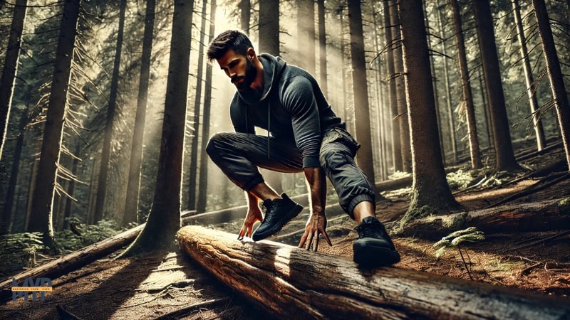 A fit, bearded man in his 30s balances on a fallen log in a dense forest, his muscles engaged as he moves with precision and control. He wears rugged outdoor clothing—fitted athletic pants and a dark flannel shirt—blending into the natural surroundings. Sunlight filters through the trees, casting dynamic shadows across the scene. His focused expression and strong posture reflect mastery and connection with nature.