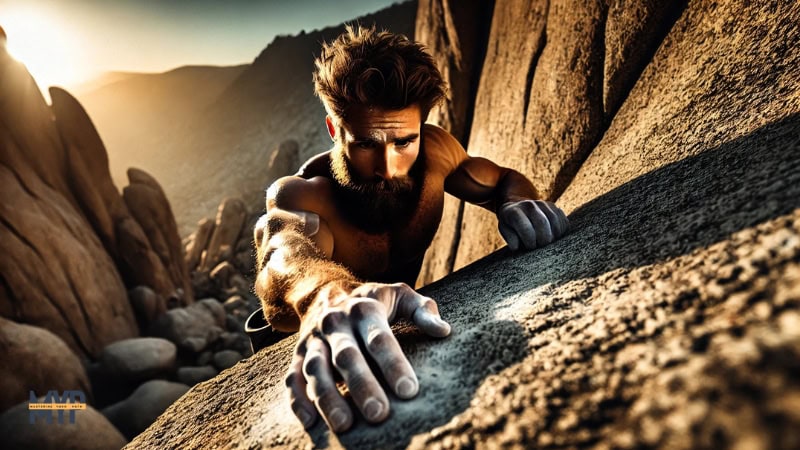A rugged, bearded man in his 30s grips the edge of a massive boulder, his muscles tense as he pulls himself upward. His fingers dig into the rough stone, chalk dust visible on his hands. Sweat glistens on his skin as the golden light of the setting sun casts long shadows across the rocky terrain. The background fades into a wild, mountainous landscape, emphasizing the raw challenge of nature. His expression is focused, embodying pure grit and determination.