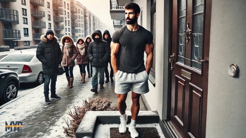 An athletic man in his 30's with a beard, lightly tan skin stands confidently outside the front door of an apartment complex, wearing only shorts, sneakers, and t-shirt, unfazed by the cold. Around him, several pedestrians in heavy winter coats, scarves, and hats hurry past, visibly bundled up against the chill. Light snow covers the sidewalk, and the cold air is apparent with faint breath clouds escaping from the others—but not him. The scene conveys discipline, mental strength, and defiance against external conditions.